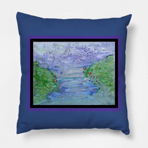 Blue Clouds Green Grass Water Creek Flowers landscape nature window wildlife creatures in clouds swirling Pillow by pegacorna