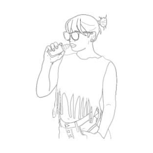 Fashionable girl in glasses smoking vape. Line art. T-Shirt