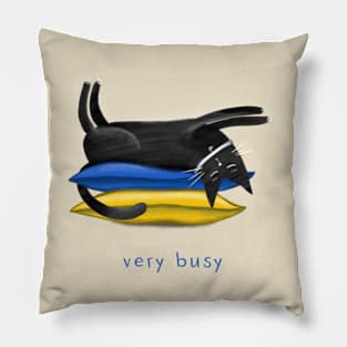 Cartoon black cat on soft pillows and the inscription "Very busy" Pillow