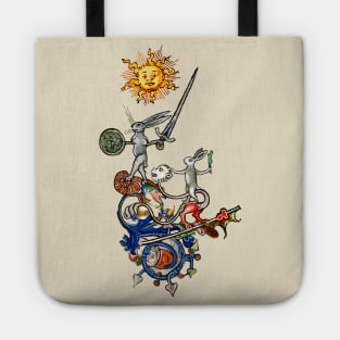 WEIRD MEDIEVAL BESTIARY Killer Rabbits Riding Monster With Sword and Shield Tote
