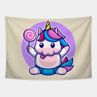 Cute Baby Unicorn Holding Candy Cartoon Tapestry