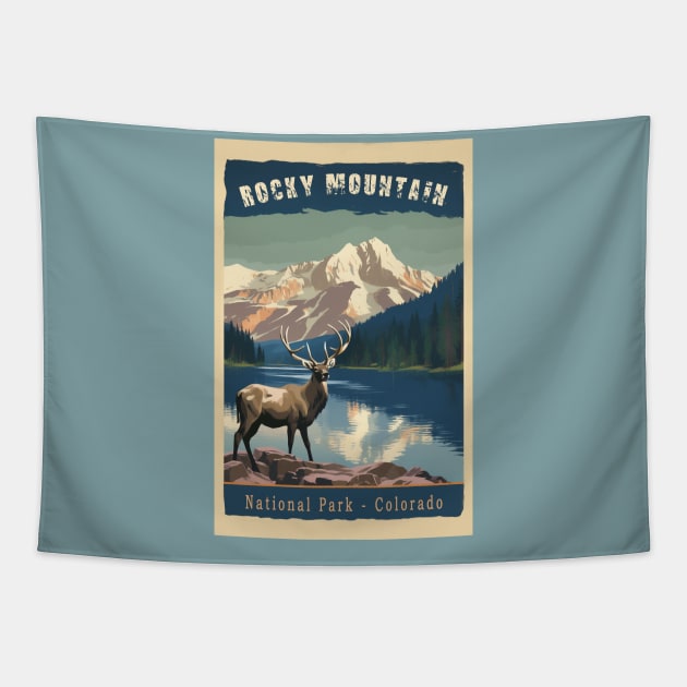 Rocky Mountain National Park Vintage Travel Poster Tapestry by GreenMary Design