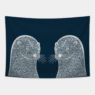 Otters in Love - cute and fun animal design on blue Tapestry