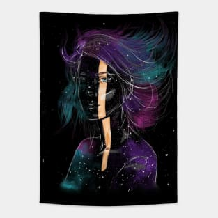 Beautiful cosmos girl on a black background Tapestry