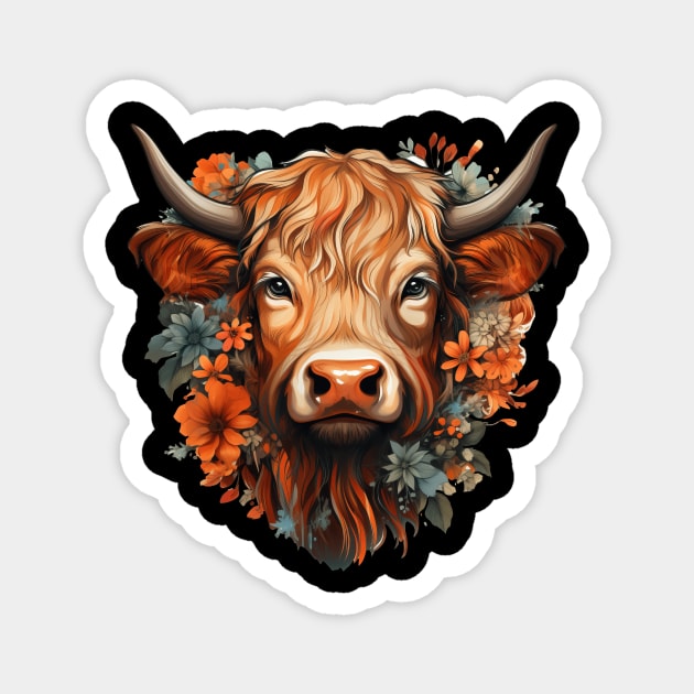 Highland cow colorful floral Illustration Magnet by Ross Holbrook