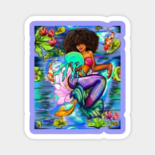 Mermaid holding a jellyfish with Koi fish in koi pond with plants and flowers black African American mermaid Magnet