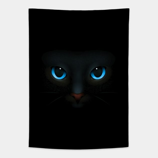 Blue-Eyed Black Cat Blending into The Night Graphic Art Tapestry by Destination Christian Faith Designs