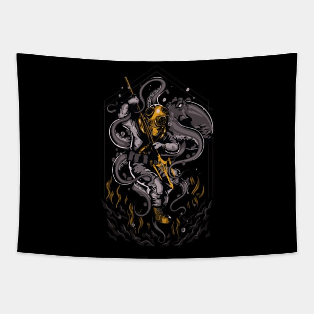 Oktopus Steampunk Taucher unter Wasser Tapestry by Ambrosius