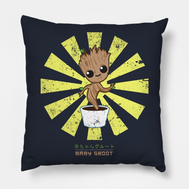 Baby Groot Retro Japanese Guardians Of The Galaxy Pillow by Nova5