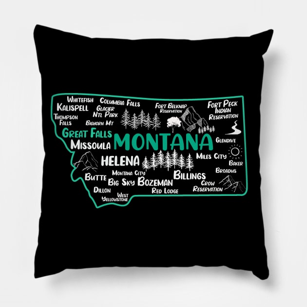 Cute map of Great Falls Montana, Missoula, Helena, Butte, Bozemian, Billings, Kalispell, Big Sky Pillow by BoogieCreates