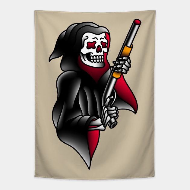 OldSalt American Traditional Grim Reaper with Shotgun Tapestry by OldSalt