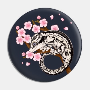 Black And White Stripe Gargoyle Gecko With Sakura Flowers Pin