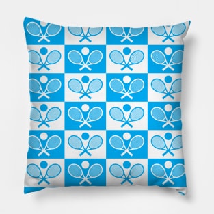 Checkered Tennis Seamless Pattern - Racket and Ball in Sky Blue and White Tones Pillow