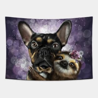 Frenchie and Sloth hug Tapestry