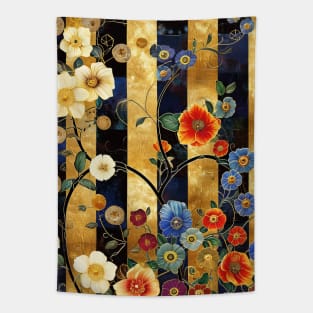 Rambling Flowers on Black and Gold Stripes Tapestry