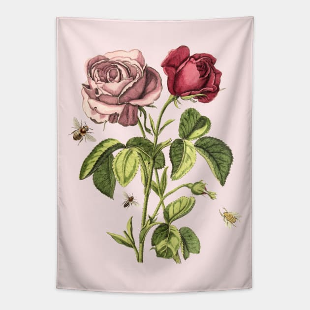 Rose Flowers with Bees, Vintage Botanical Illustration Collage Tapestry by Biophilia