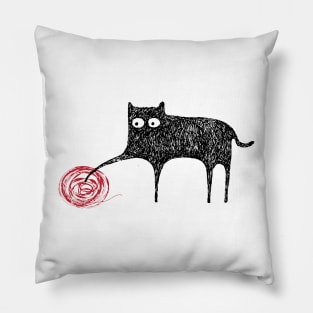 Cute Black Scribble Cat Playing With Ball of Yarn Pillow