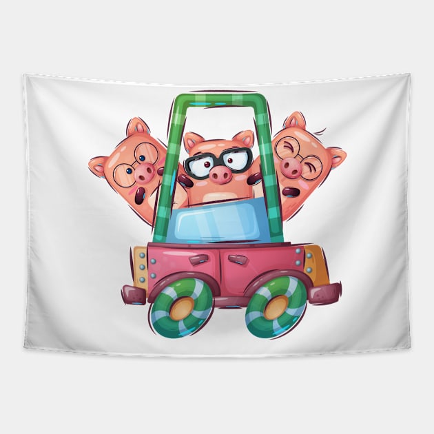 Funny 3 family Pigs in a car cartoon Tapestry by GiftsRepublic