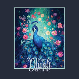 Blue Peacock & Pink Flowers Happy Diwali Festival of Lights T-Shirt