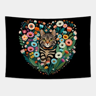 Tabby Cat in Heart Shaped Flowers Tapestry