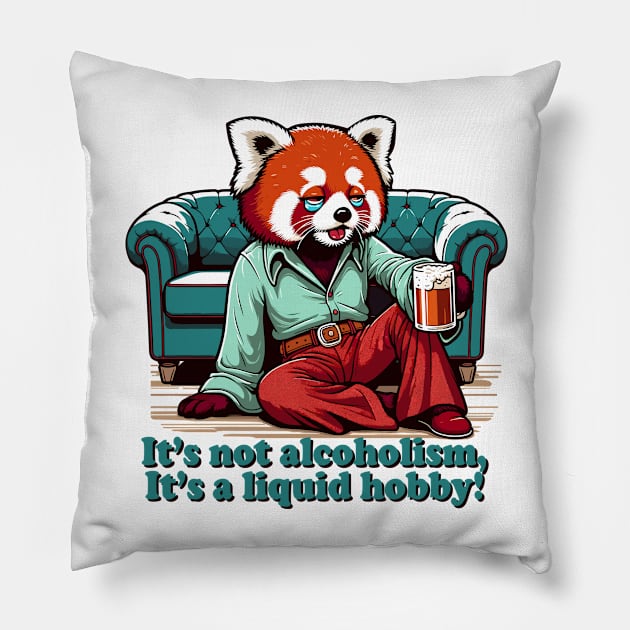 Retro 70s Red panda Chillout - Drunk Red panda Humor Vintage Sofa Art Pillow by TimeWarpWildlife
