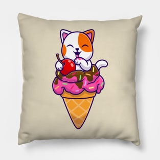 Cute Cat On Ice Cream Cone Cartoon Pillow