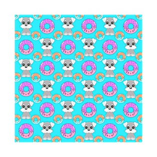 Cute happy funny little Schnauzer puppies, sweet yummy Kawaii adorable colorful donuts cartoon pastel blue pattern design. T-Shirt