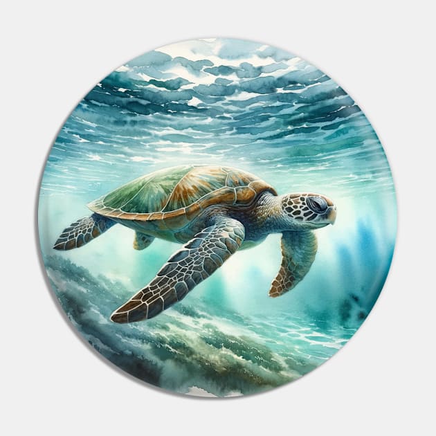 Oceanic Grace: Serene Green Sea Turtle Watercolor Pin by Aquarelle Impressions