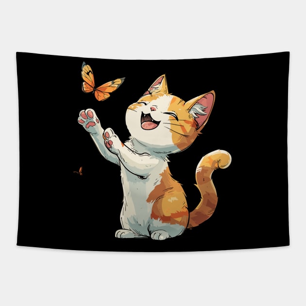 A Cute Cat Trying to Catch a Butterfly Tapestry by BrushedbyRain