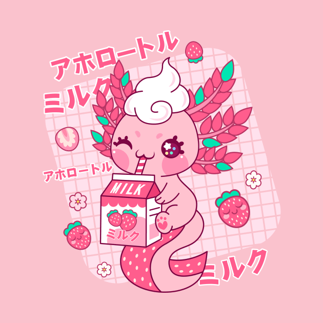 Axolotl kawaii Strawberry Milk Japanese by HollyDuck