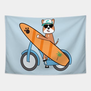 Kawaii surfer dog cycling and holding a surfboard Tapestry