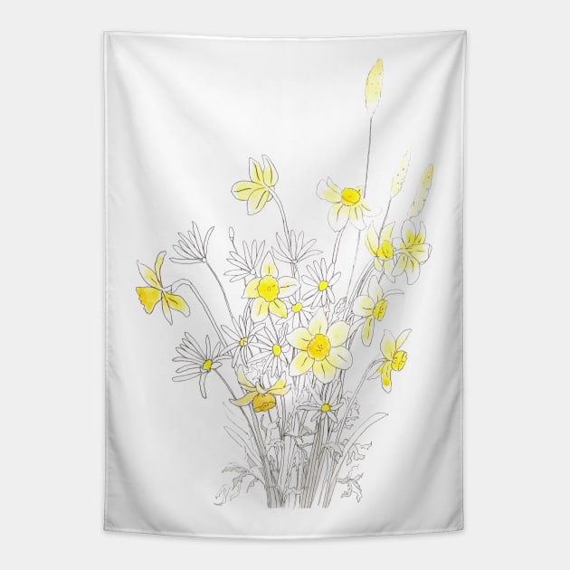 white daisy and yellow daffodils ink and watercolor Tapestry by colorandcolor