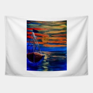 Out sailing at sunset. Red sky Tapestry