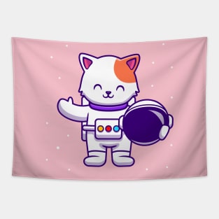 Cute Astronaut Cat Holding Helmet Tapestry