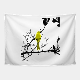 Yellow bird on a black tree Tapestry