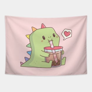 Cute Dinosaur with Rainbow Spikes Loves Bubble Tea Tapestry