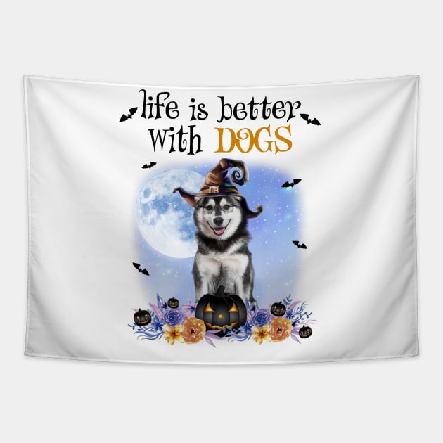 Husky Witch Hat Life Is Better With Dogs Halloween Tapestry by Marcelo Nimtz