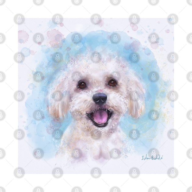 Watercolor Portrait of a Maltese Dog in Light Blue Background by ibadishi