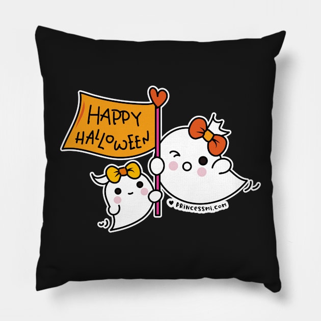 kawaii two ghosts cute spooky ghost illustration, happy halloween Pillow by princessmi-com