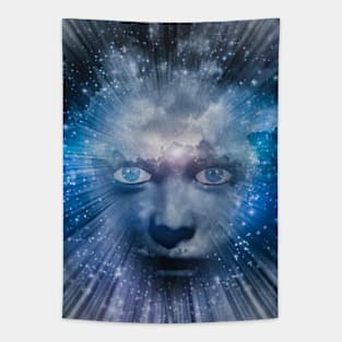 Face in light rays and stars Tapestry