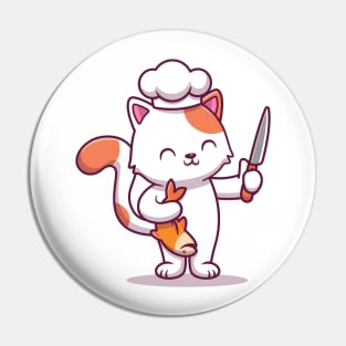 Cute Chef Cat Holding Fish And Knife Pin