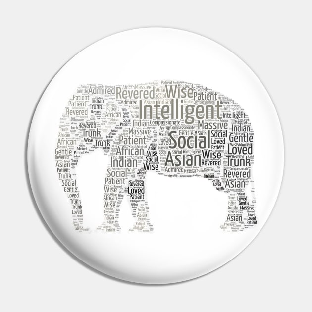 Standing Elephant Word Cloud Art Pin by ckandrus