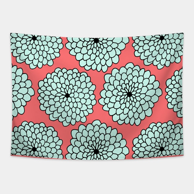 Large Flowers Print - Mint Green Coral Tapestry by HappyCatPrints