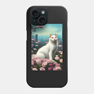 White Cat Surrounded by Flowers Tokyo Background Phone Case