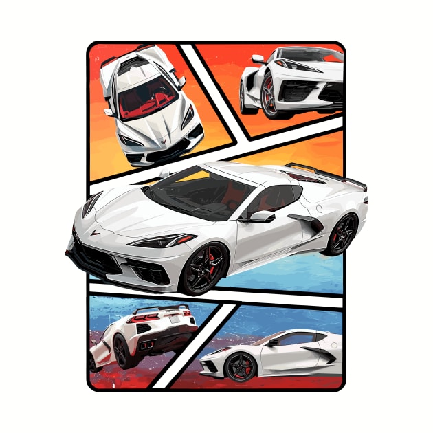 Multiple Angles of the Arctic White C8 Corvette Presented In A Bold Vibrant Panel Art Display Supercar Sports Car Racecar Torch Arctic White Corvette C8 by Tees 4 Thee