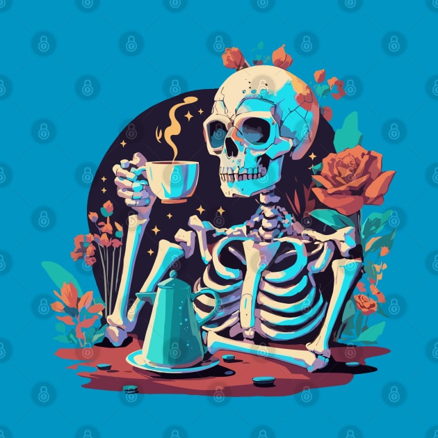 Skeleton drinking coffee by PrintSoulDesigns