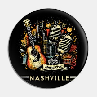 Vintage Nashville Music City Distressed Collage Pin