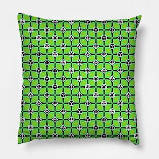 1970s Retro Inspired Polyhedral Dice Set and Leaf Seamless Pattern - Green Pillow