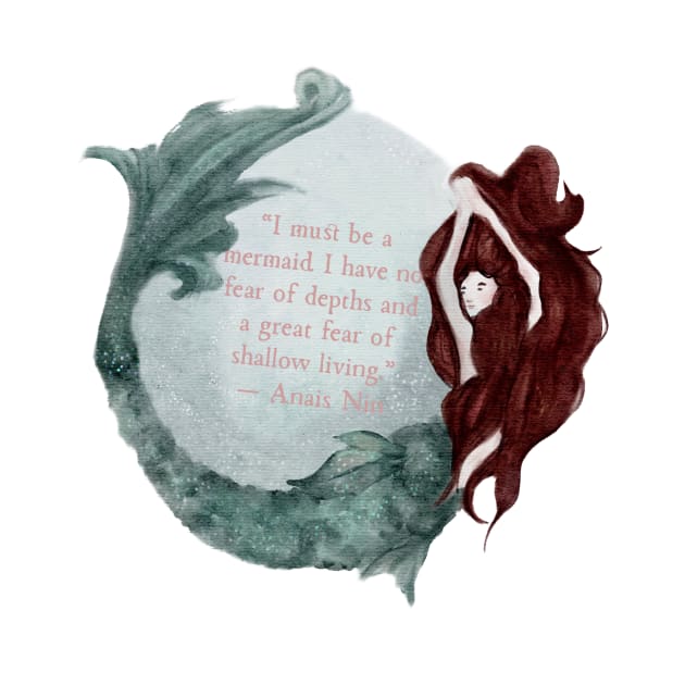 Anais Nin Mermaid Quote Red Hair Watercolor Mermaid Silver Sparkles by penandbea