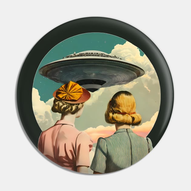 Retro UFO Sighting Collage Artwork Pin by TheJadeCat